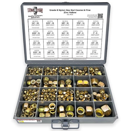 Boltsandnuts.Com Grade 8 Nylon Hex Nut Coarse & Fine Zinc Yellow Assortment - 379 pcs Assortment Kit #131